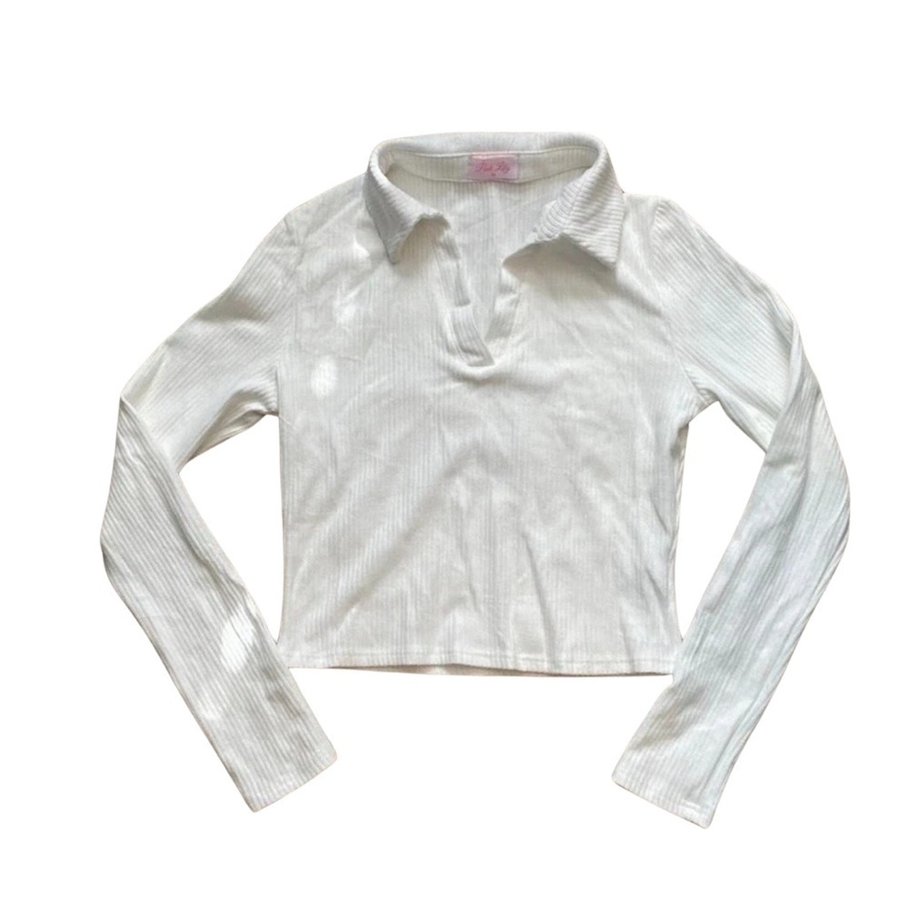 Pink Lily White Long Sleeve Collared Vneck Cotton Top Size Medium